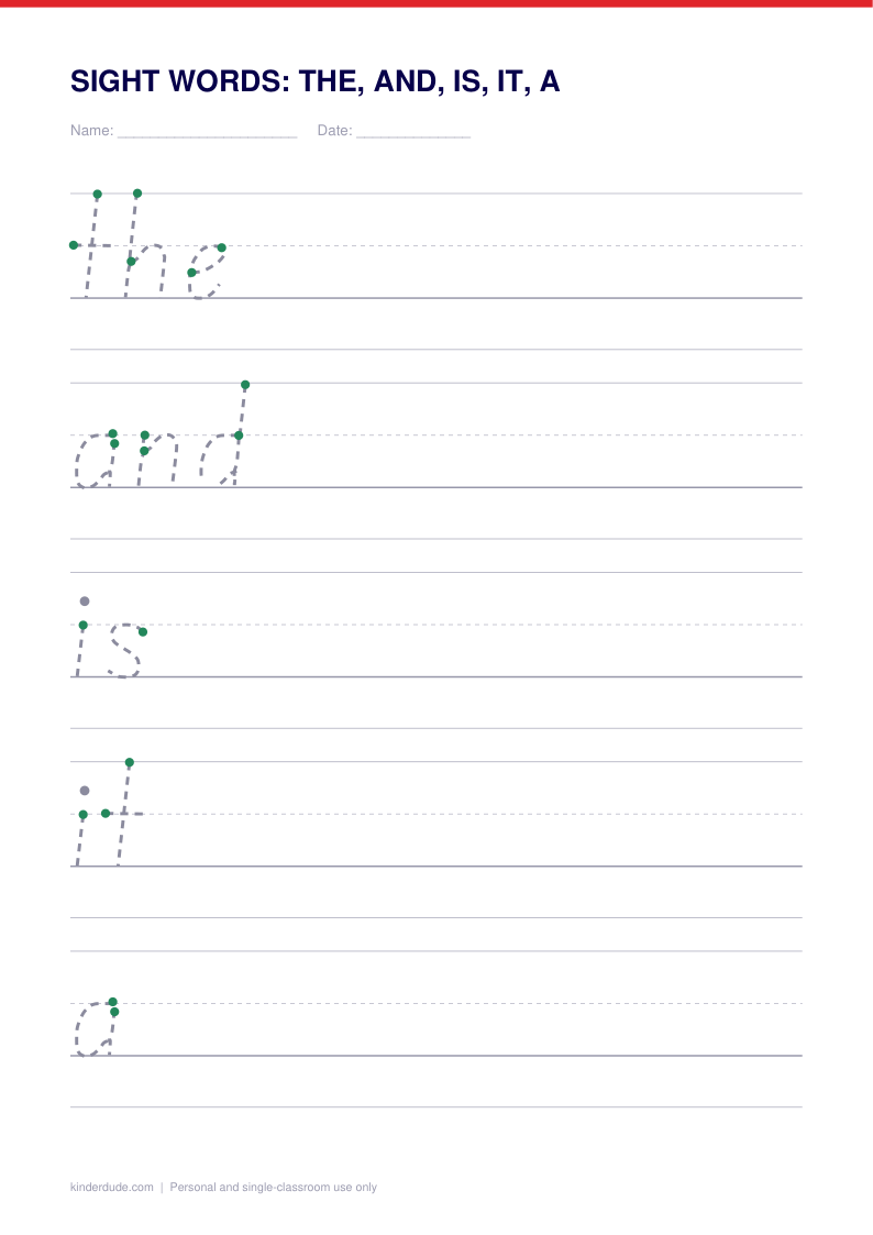 Sight words: the, and, is, it, a